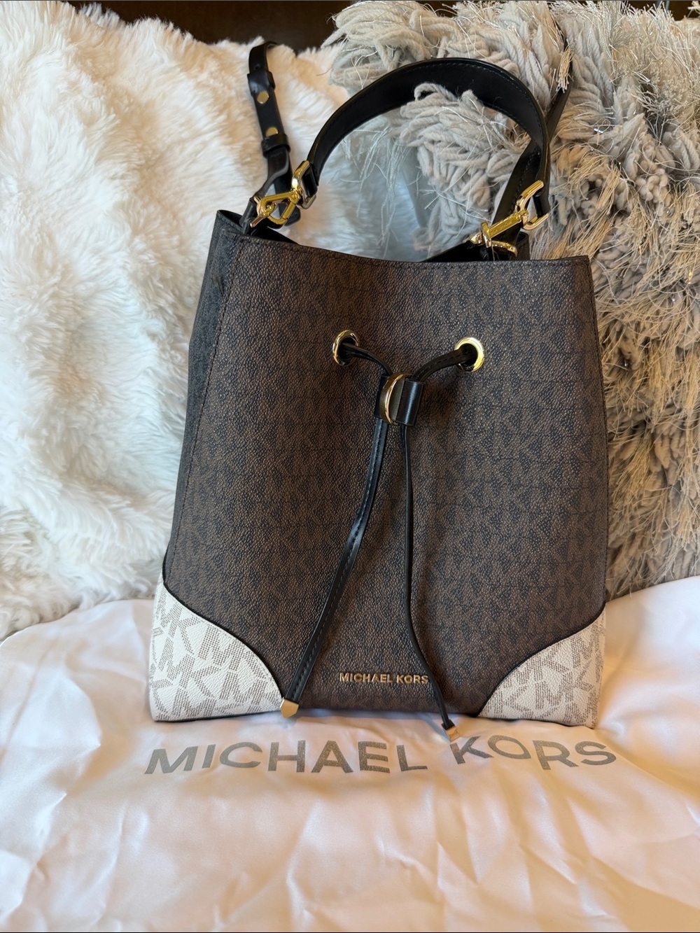 Michael Kors Brown and Cream Signature Drawstring Bucket Tote